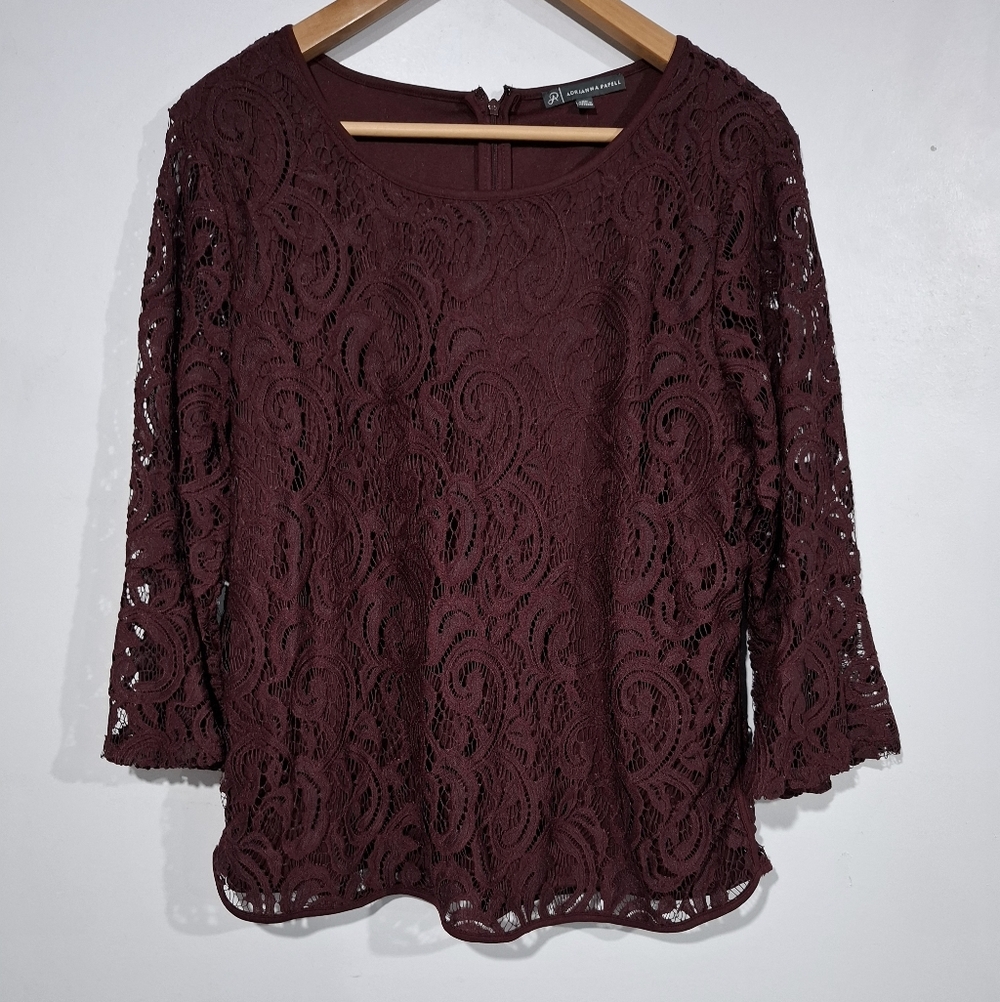 R Adrianna Papell Lace Top Bell Sleeve Size XL Burgundy Blouse Feminine Outnigth